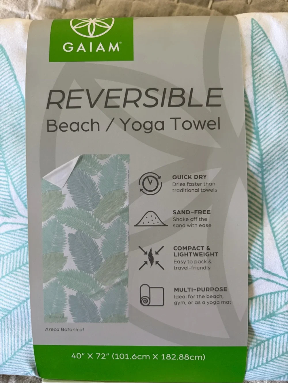 GAIAM Reversible Beach & Yoga Towel - White with Mint Green Leaf Print